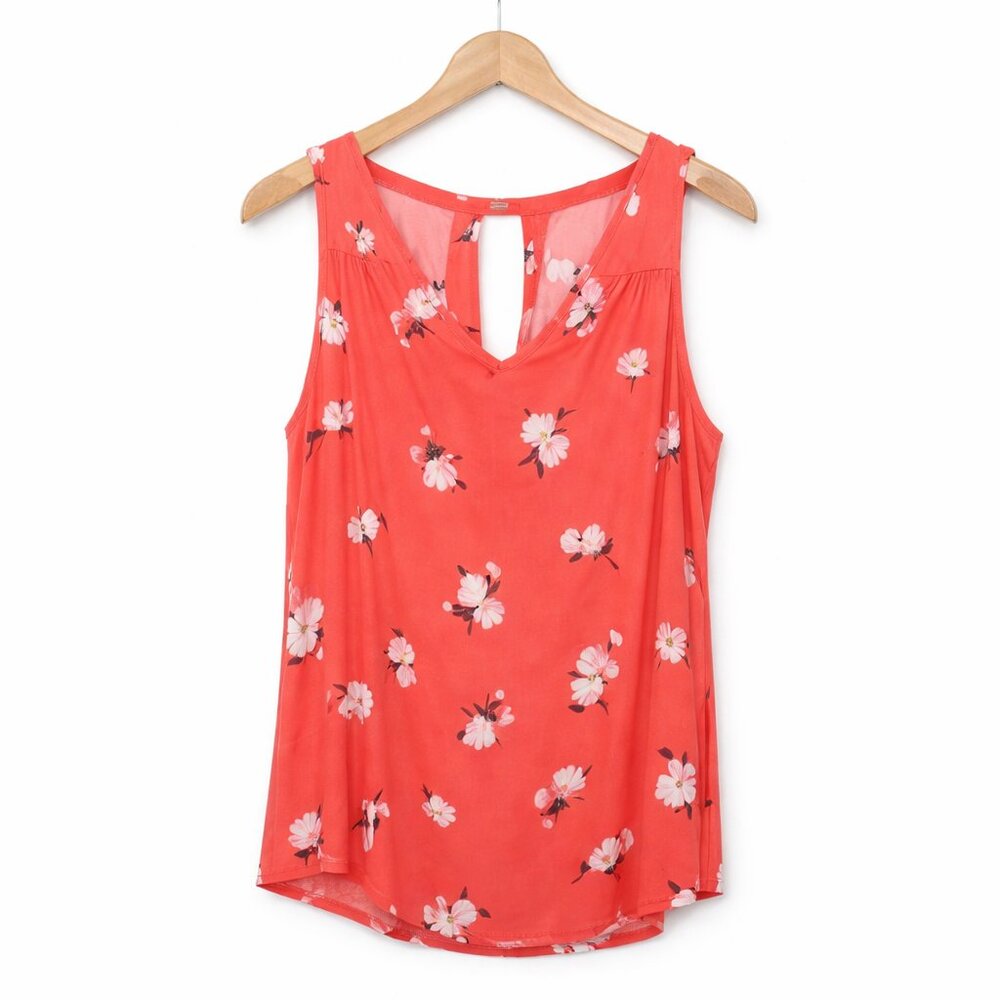 FLORAL | Red & White Floral Keyhole Back Sleeveless Blouse - Womens
